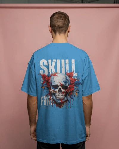 DROP SHOULDERS SKULL FIRE GRAPHIC TEE