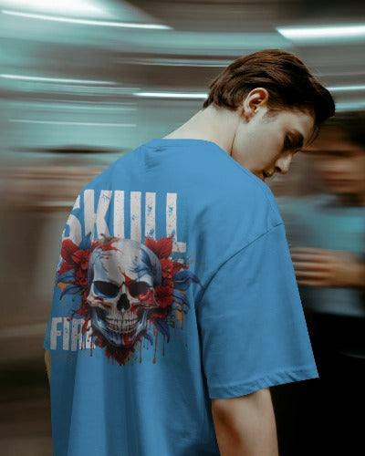 DROP SHOULDERS SKULL FIRE GRAPHIC TEE